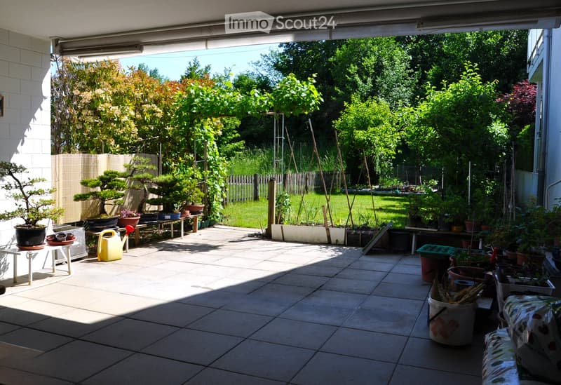 A sunny patio area with tiled flooring, surrounded by potted plants and trees, with a wooden fence and lush greenery in the background.