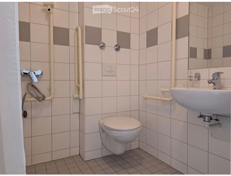 Clean bathroom with white tiled walls and floor, featuring a toilet, sink with a mirror, and a faucet. Handrails are installed for accessibility.