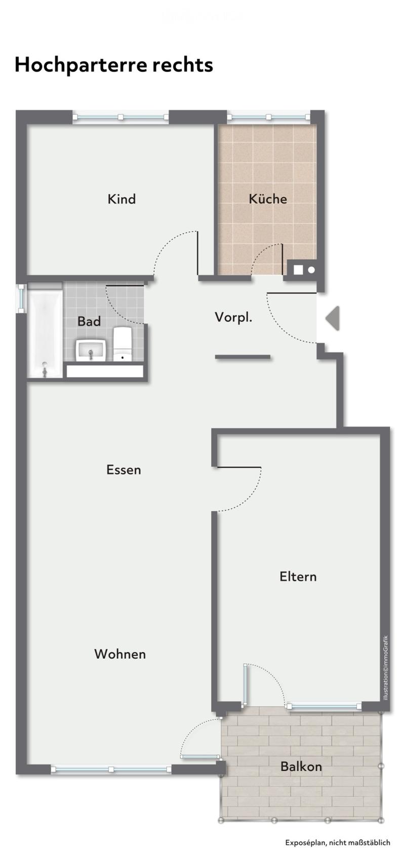 Floor plan of a 3-room apartment with a kitchen, bathroom, living area, dining area, and balcony.