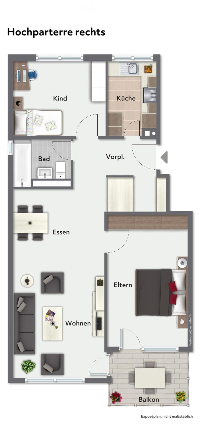 Layout includes living room, dining area, kitchen, bedroom, bathroom, hallway, balcony, and children's room.