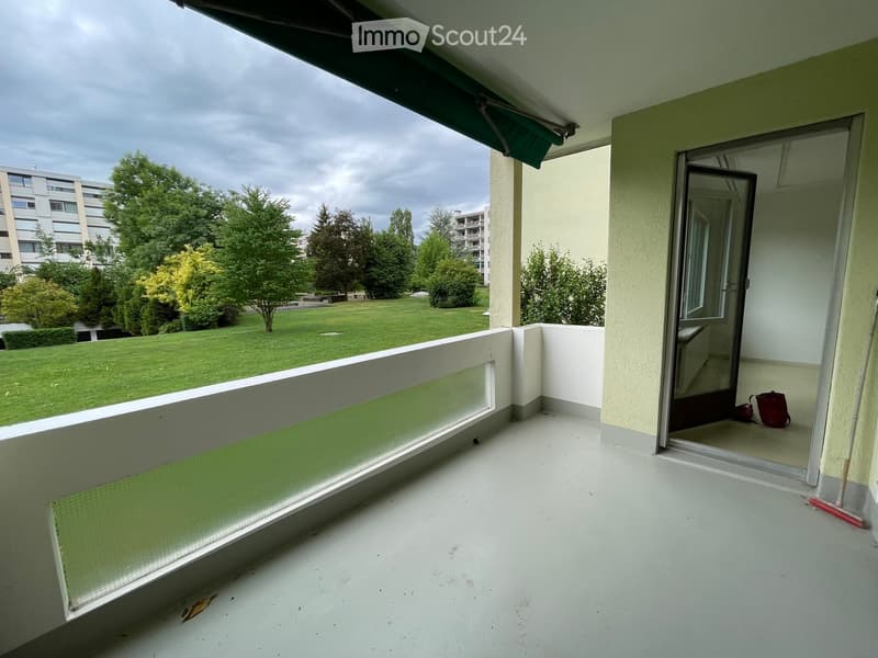 Balcony with white flooring, glass railing, and a view of a green lawn and trees. A broom and dustpan are visible near the entrance.