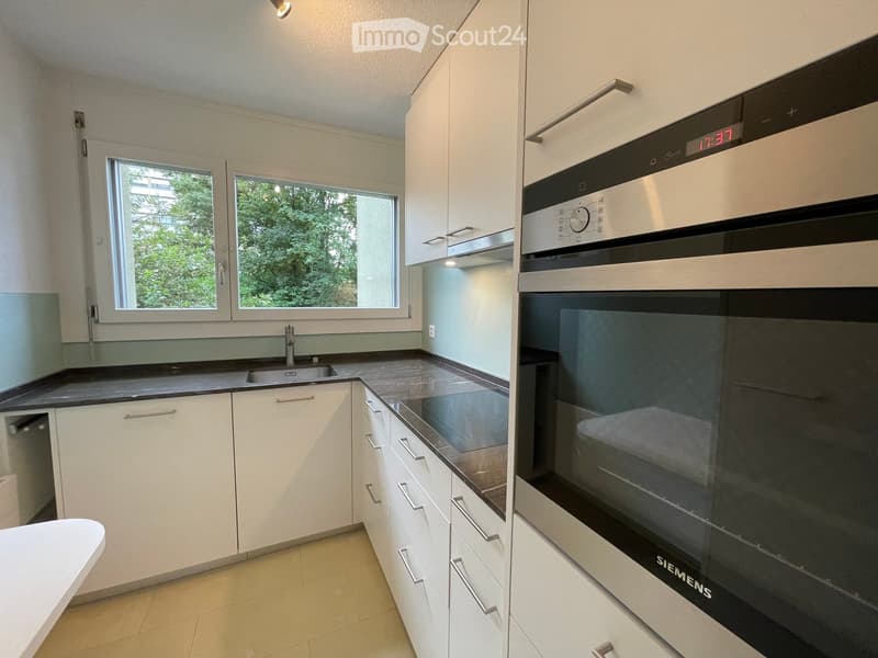 Modern kitchen with white cabinets, stainless steel oven, sink, and countertop.