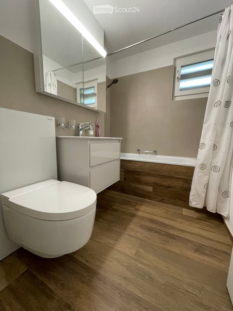 Modern bathroom with wooden flooring, a toilet, a bathtub, a sink with a mirror, and a shower curtain.