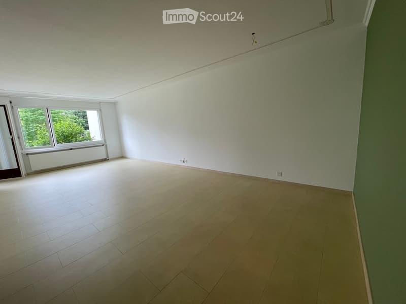Empty room with light-colored tiled floor and white walls, featuring a large window with a view of greenery and a radiator below it.