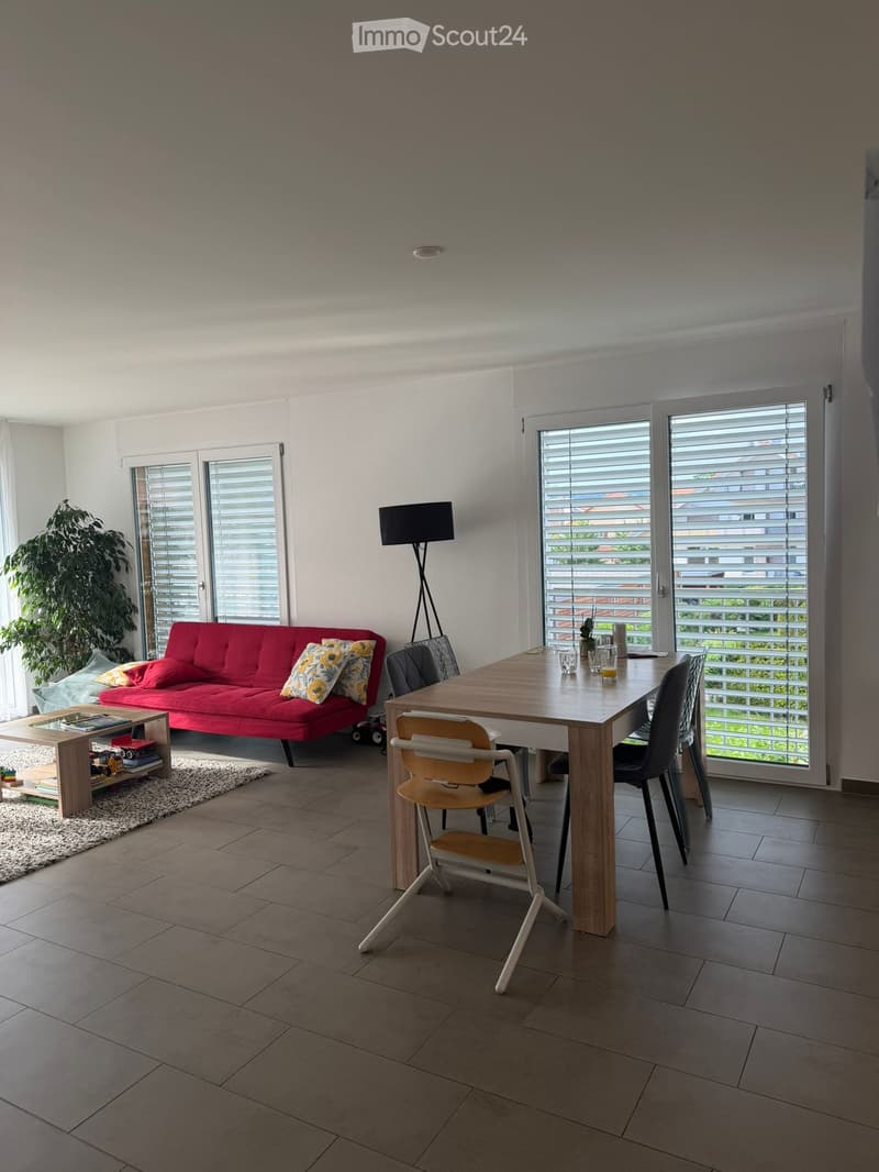 Bright living room with a red sofa, wooden dining table, chairs, side table, floor lamp, and a potted plant near the window.