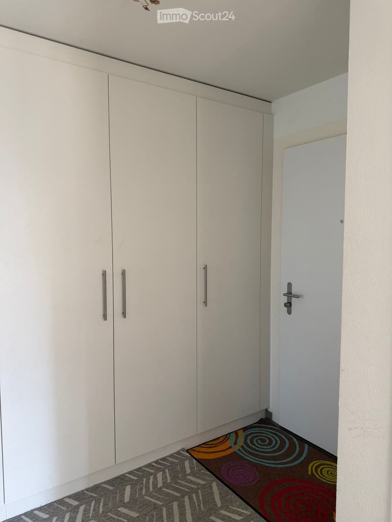 A clean, modern hallway with white built-in wardrobes and a colorful patterned rug on the floor.