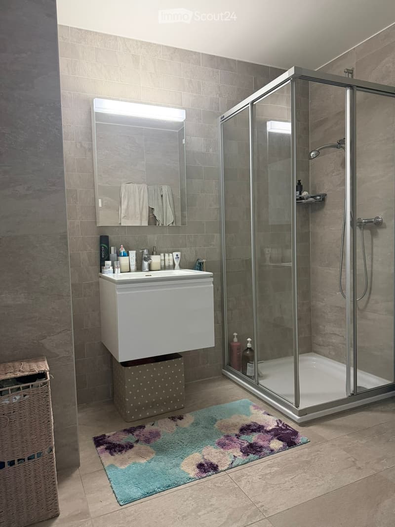 Modern bathroom with a white sink, mirror, glass shower enclosure, and various toiletries. Features a colorful bath mat and a wicker basket on the floor.