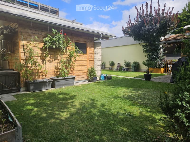 Well-maintained garden with green lawn, potted plants, climbing vines, and a modern building in the background.