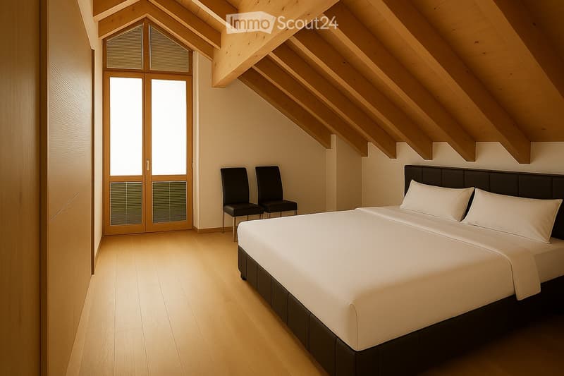 Modern bedroom with wooden slanted ceiling, large window with blinds, double bed with white linens, two black chairs, and a sleek headboard.