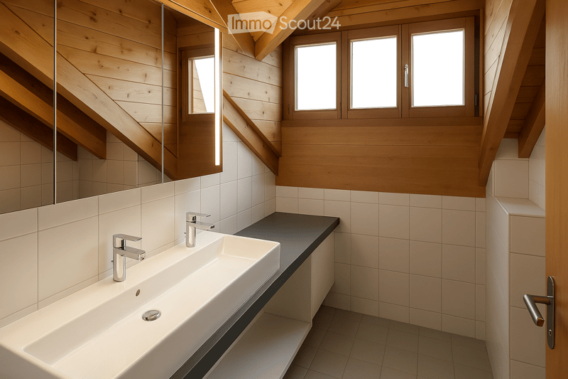 Modern bathroom with a sleek white sink, chrome faucets, and wooden paneling. Features large windows and a mirrored wall.