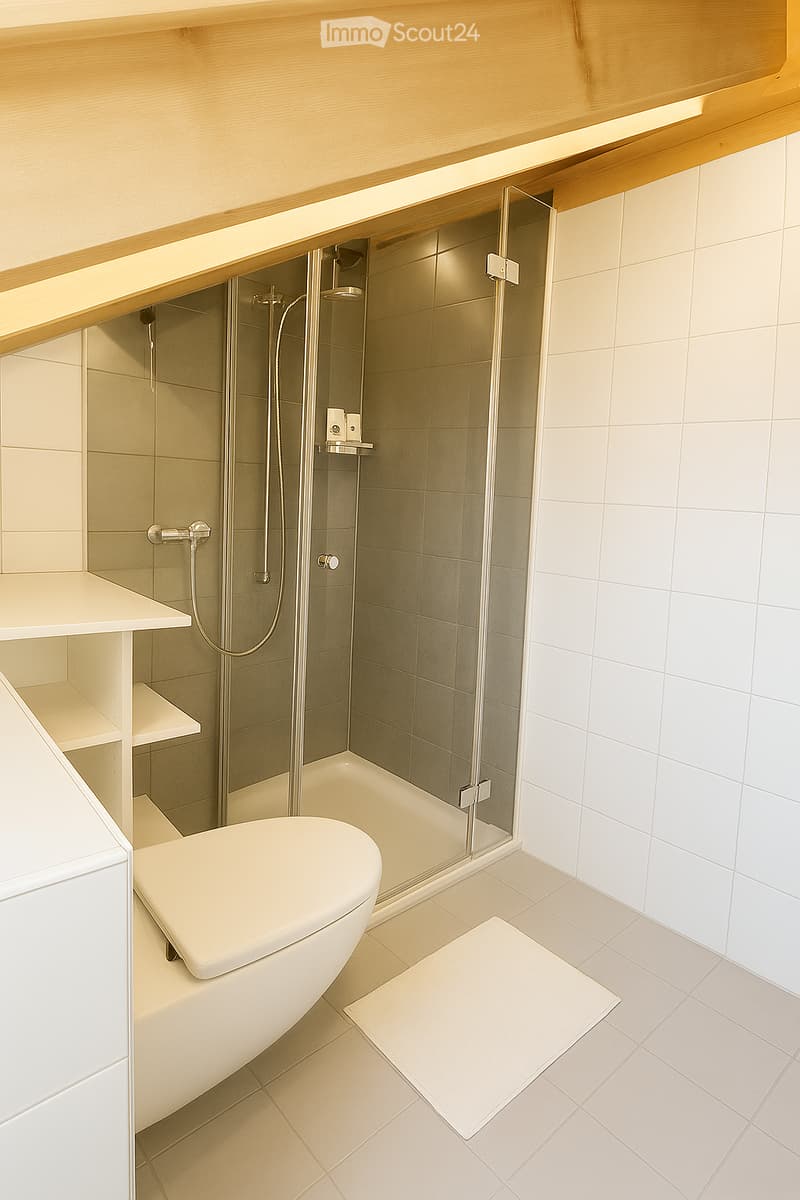 Modern bathroom with a bathtub, toilet, glass-enclosed shower, and a white shelf unit.