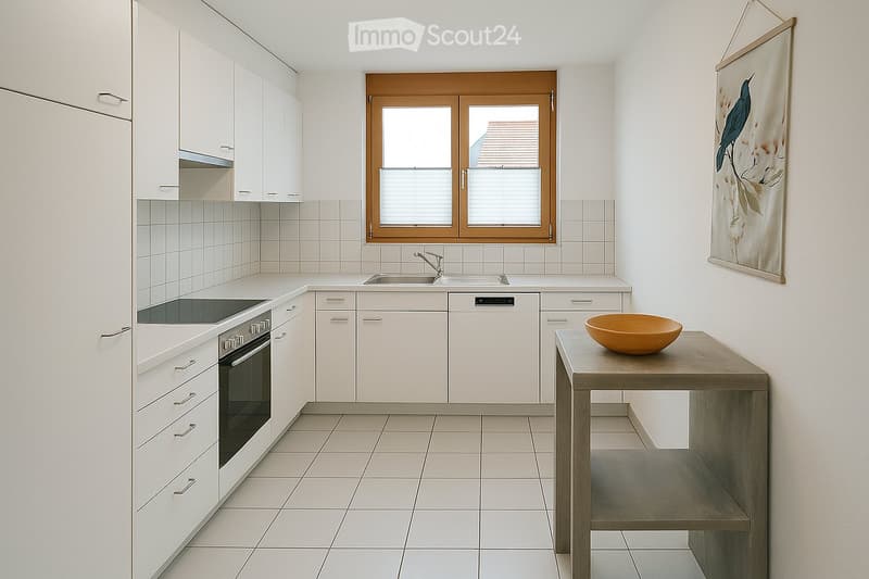 Modern kitchen with white cabinets, tiled backsplash, and a central island table with a bowl on top. Features an oven, dishwasher, and a window with blinds.