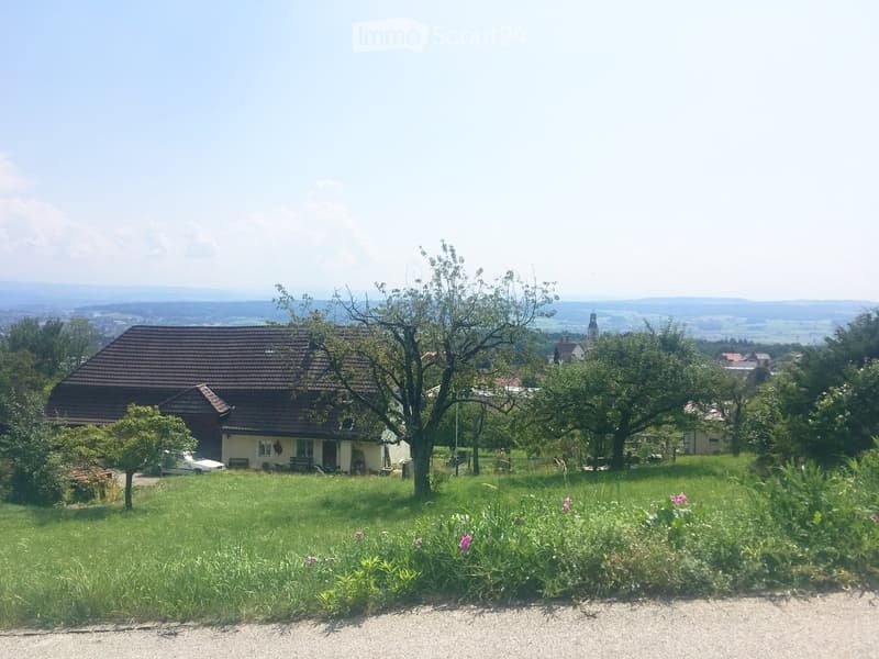 A two-story house with a dark brown tiled roof, surrounded by a well-maintained lawn and trees, with a distant view of a town and hills.