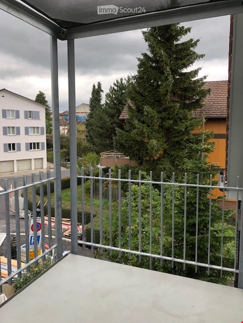 Balcony with metal railing, overlooking a residential area with trees and houses.