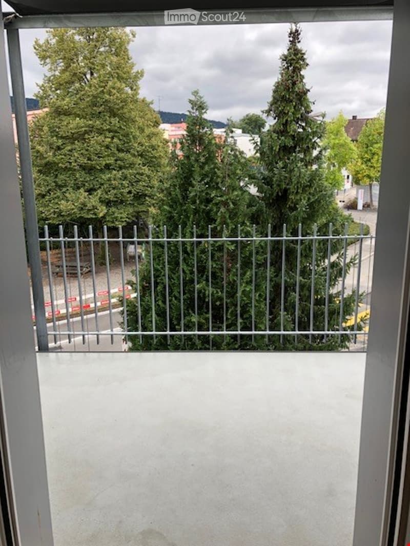 Balcony with metal railing, overlooking a green area with trees and a street.