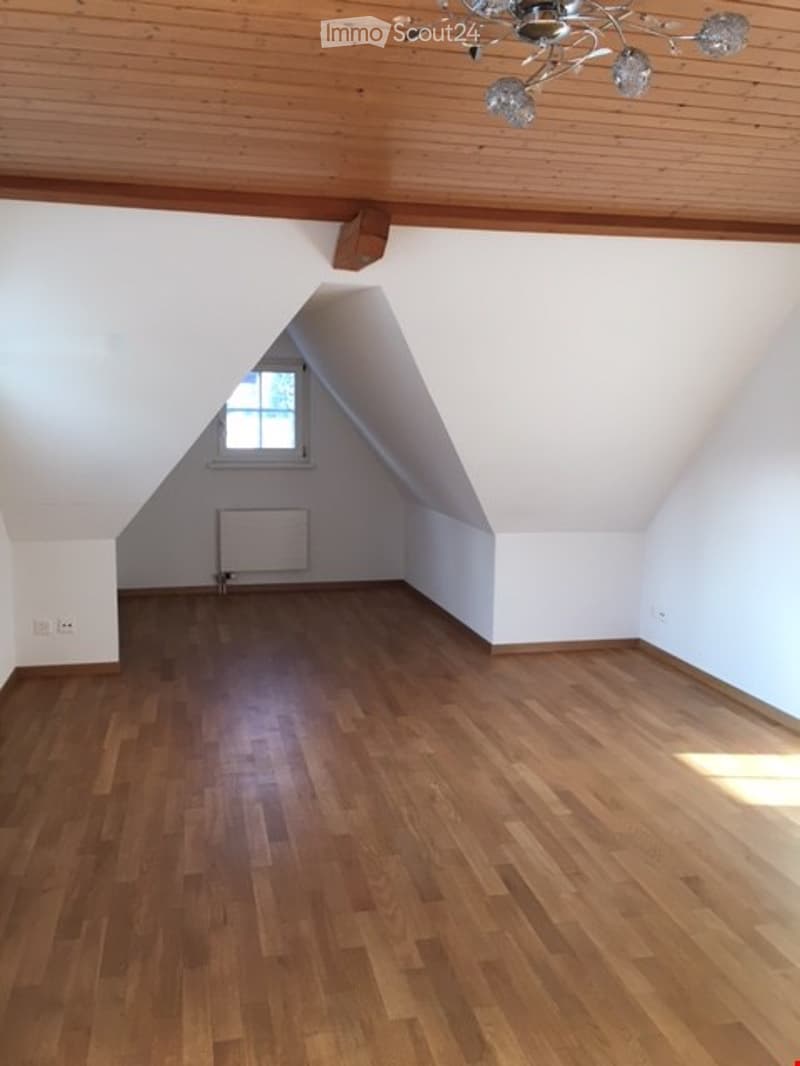 Empty attic room with wooden flooring, white walls, and a skylight window. No furniture or equipment present.