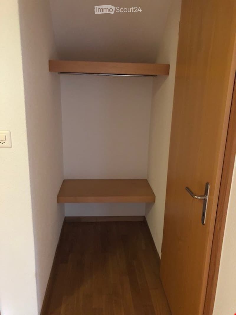 Empty closet with wooden shelves and a wooden door, featuring a light switch on the wall.