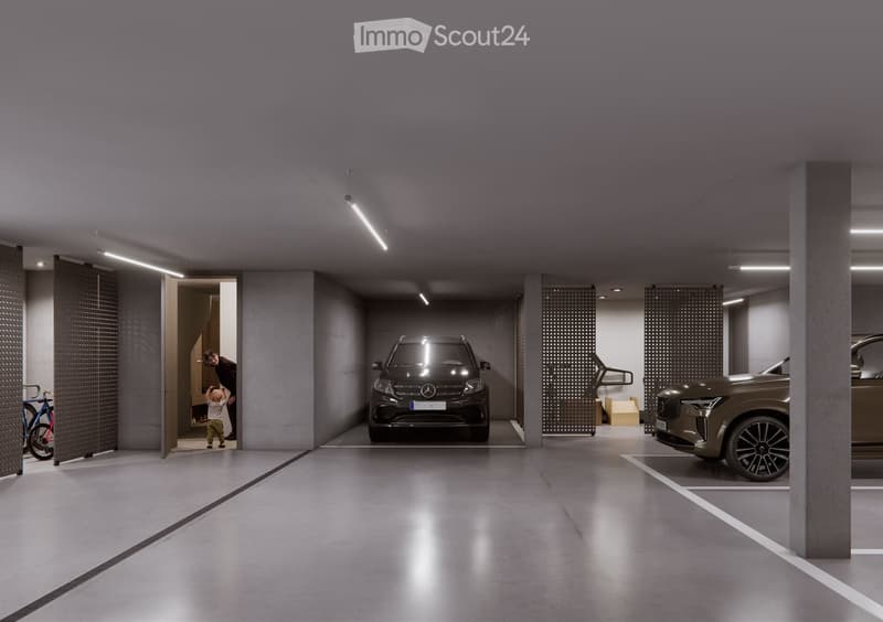 Modern underground garage with two parked cars, a bicycle, and a child and adult entering through a doorway.