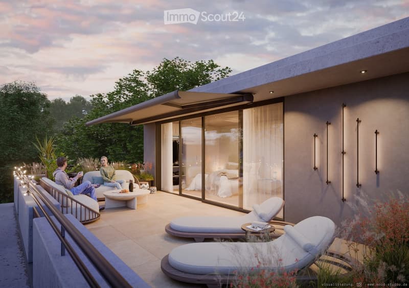 Modern rooftop terrace with a sofa, coffee table, lounge chairs, and a view of greenery. The space features a sleek design with a glass wall leading to a bedroom.