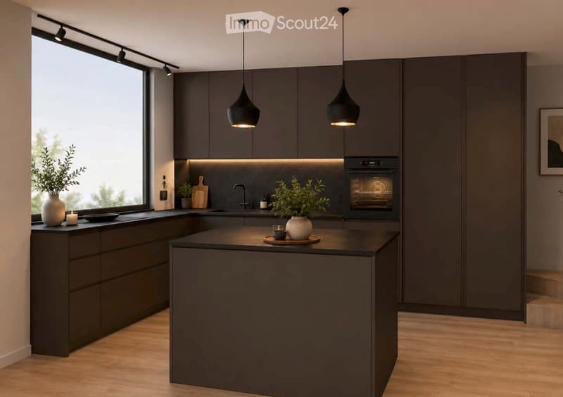 Modern kitchen with dark grey cabinets, central island, pendant lights, and a large window. Includes a sink, oven, and decorative plants on the counter.