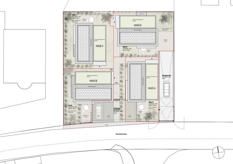Floor plan showing four houses (Haus A, Haus B, Haus C, Haus D) with labeled plots, parking spaces, and surrounding pathways.