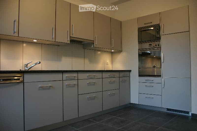 Modern kitchen with light grey cabinets, stainless steel appliances, and dark tiled flooring.