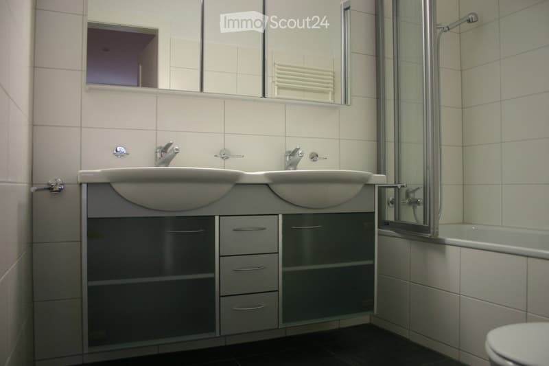 Modern bathroom with double sink vanity, mirrored cabinet, bathtub, and toilet.