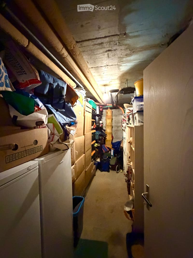A narrow, cluttered hallway with exposed pipes and storage items, including boxes, bags, and miscellaneous objects on shelves and the floor.