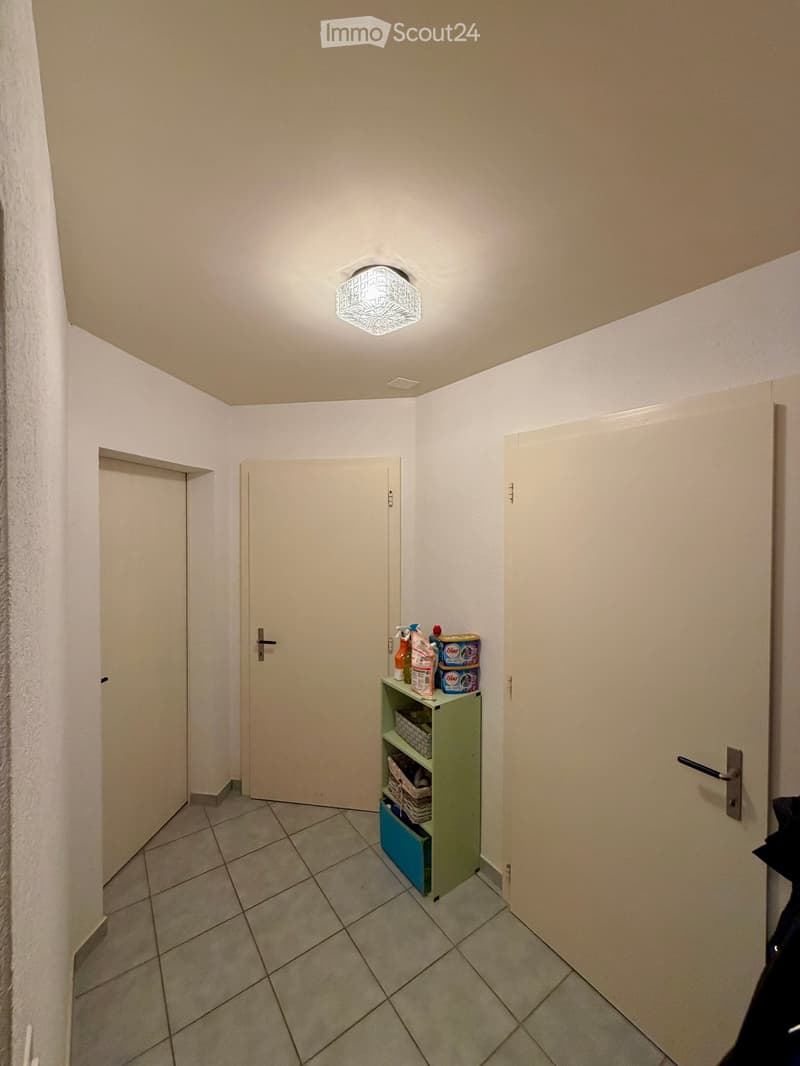 A narrow hallway with tiled flooring, white walls, and a small green shelf holding cleaning supplies. There are three closed doors along the walls, and a decorative ceiling light fixture is visible.