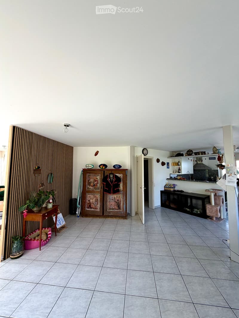 A well-lit hallway with tiled flooring, featuring a wooden table with a plant, a cabinet with a jacket, a cat tree, a pet cage, and a mirror on the wall.