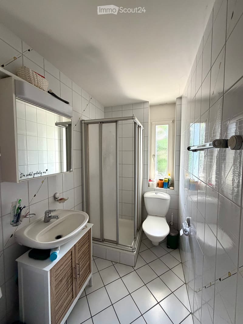 Modern bathroom with white tiles, a sink with a wooden cabinet, a toilet, a shower with a glass enclosure, and a mirror above the sink.