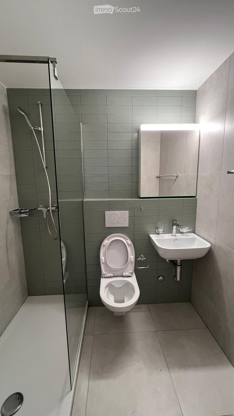 Modern bathroom with grey tiled walls, a toilet, a sink with a mirror, and a glass-enclosed shower area.