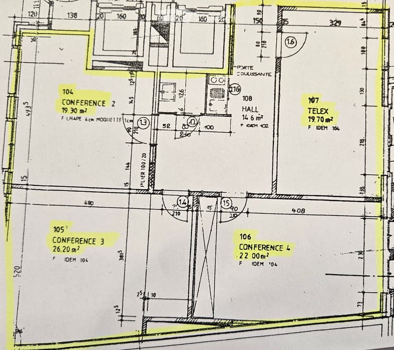 Floor plan showing multiple conference rooms, a hall, and a telex area with labeled dimensions and room numbers.