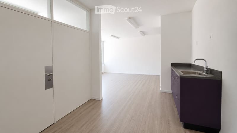 Modern, minimalist kitchen with light wooden flooring, white walls, and a dark purple cabinet with a sink and faucet.