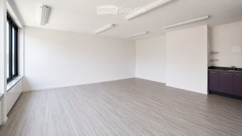 Empty room with light wooden flooring, white walls, and built-in cabinets along one wall. The space is well-lit with linear ceiling lights and features a large window on one side.