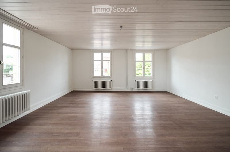 Empty room with wooden flooring, white walls, and multiple windows allowing natural light. Radiators are present along the walls.