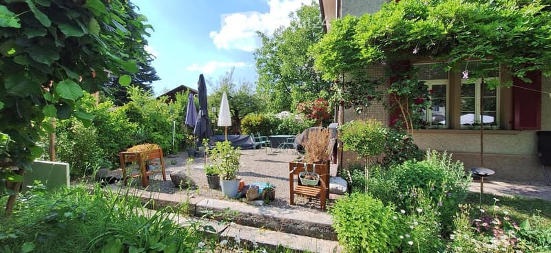 Well-maintained garden with gravel pathways, potted plants, wooden benches, and outdoor furniture, surrounded by lush greenery and a house with large windows.