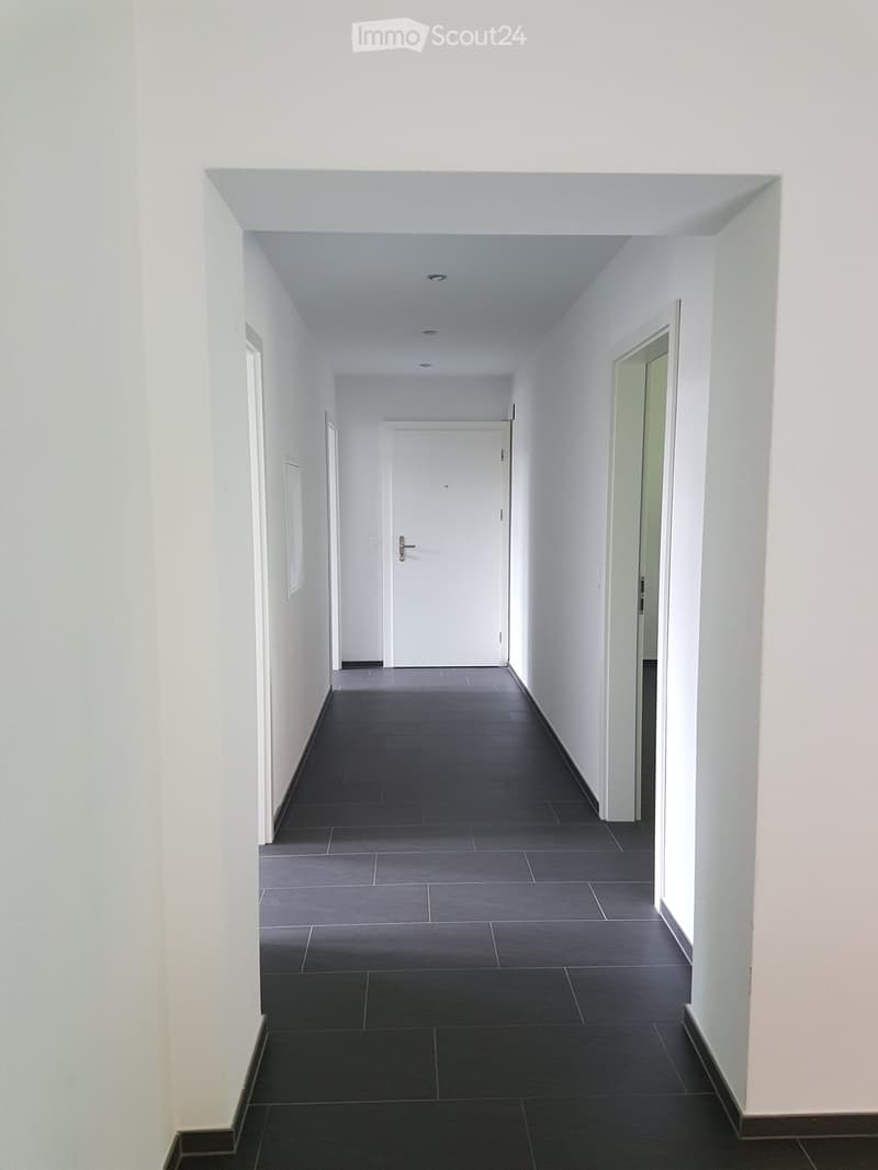 Modern, minimalist hallway with dark tiled flooring, white walls, and recessed lighting. Features several doors and a small window on the left side.