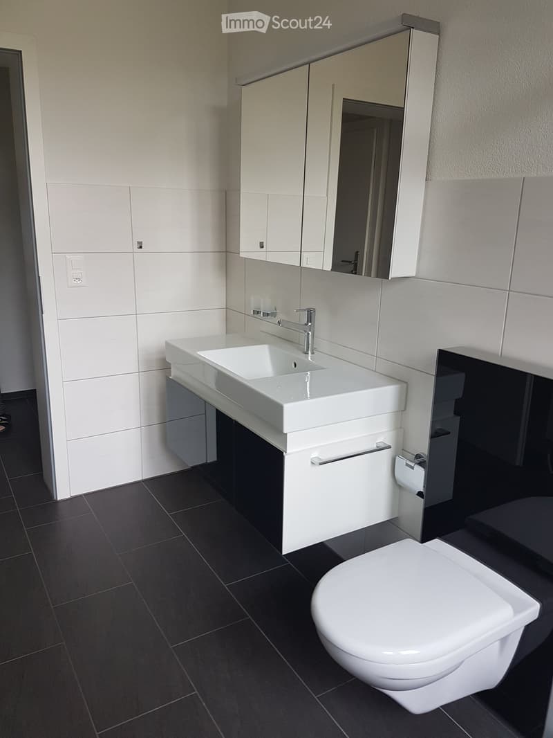 Modern bathroom with white tiles, dark floor, white sink, faucet, mirror, and toilet.