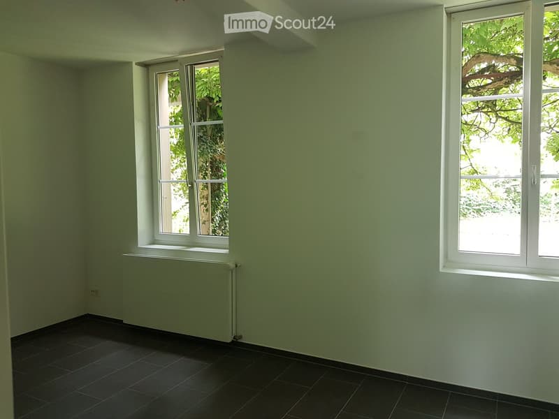 Empty room with light green walls, dark tiled floor, and two windows with white frames. Natural light streams in from the windows, revealing greenery outside.