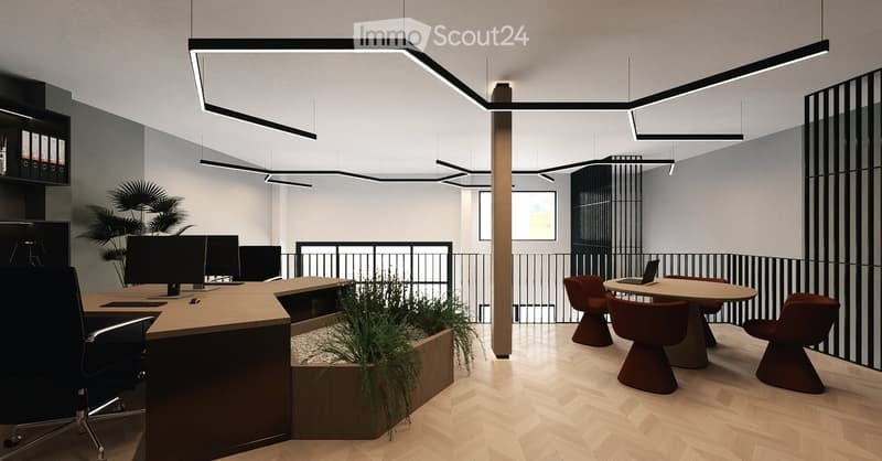 modern office with wooden desk, chairs, monitors, plants, and a round table with a laptop