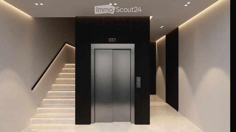 elevator, stairs, marble flooring, modern design, black and white walls