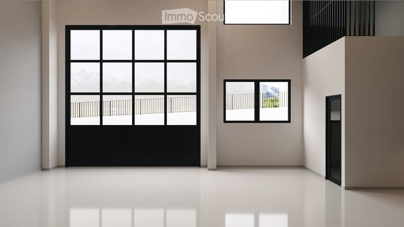 large windows, balcony, white floor, modern design