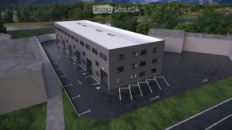 Office building, 3 floors, multiple windows, parking lot