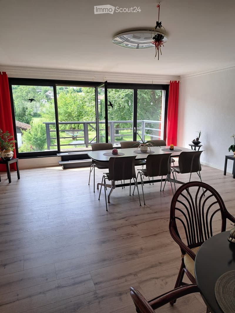 Dining room with wooden floor, large glass doors leading to a balcony, dining table with chairs, side tables, and potted plants.
