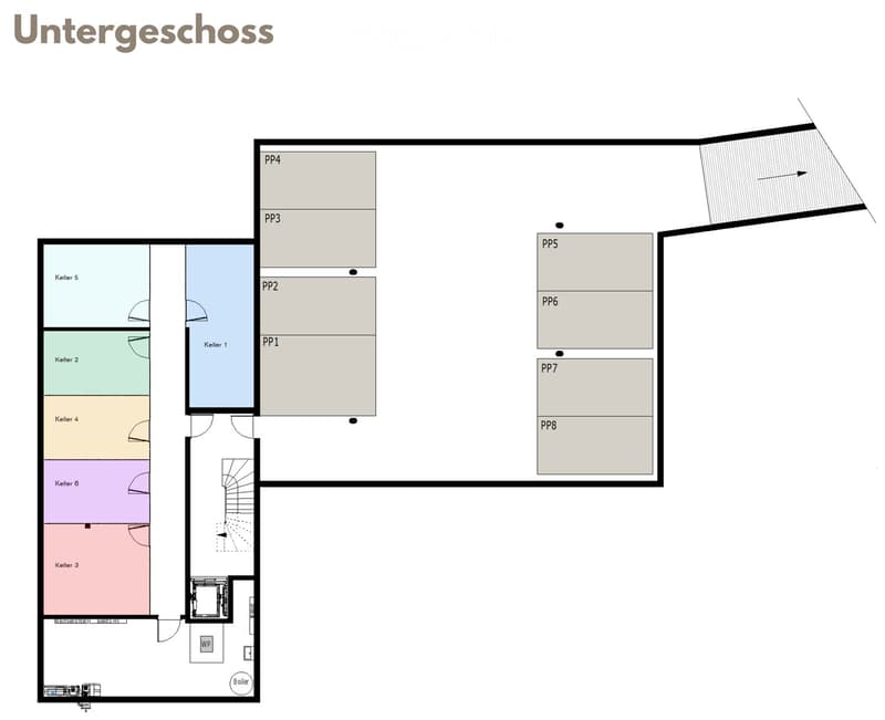 Layout of the basement level showing multiple rooms labeled Keller 1 to Keller 6, PP1 to PP8, and a boiler room.