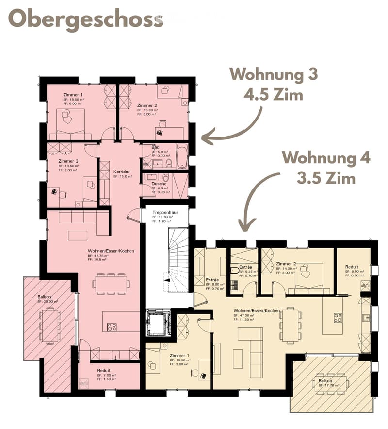 Floor plan of the upper level showing two apartments: Wohnung 3 (4.5 rooms) and Wohnung 4 (3.5 rooms). Wohnung 3 includes three bedrooms, a bathroom, a hallway, a staircase, and a living/dining/kitchen area with a balcony. Wohnung 4 includes two bedrooms,