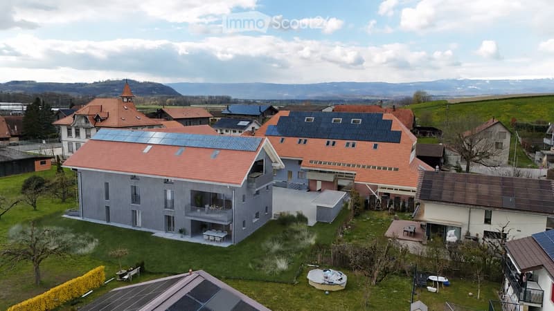 House. Aerial view of a modern residential area with multiple houses, solar panels on roofs, and green lawns.