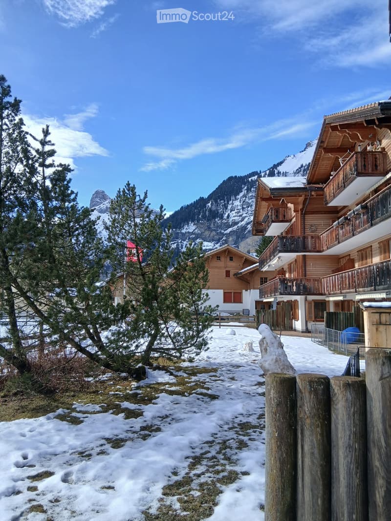 A snow-covered pathway leads to a wooden house with balconies, surrounded by snow-covered trees and mountains in the background.