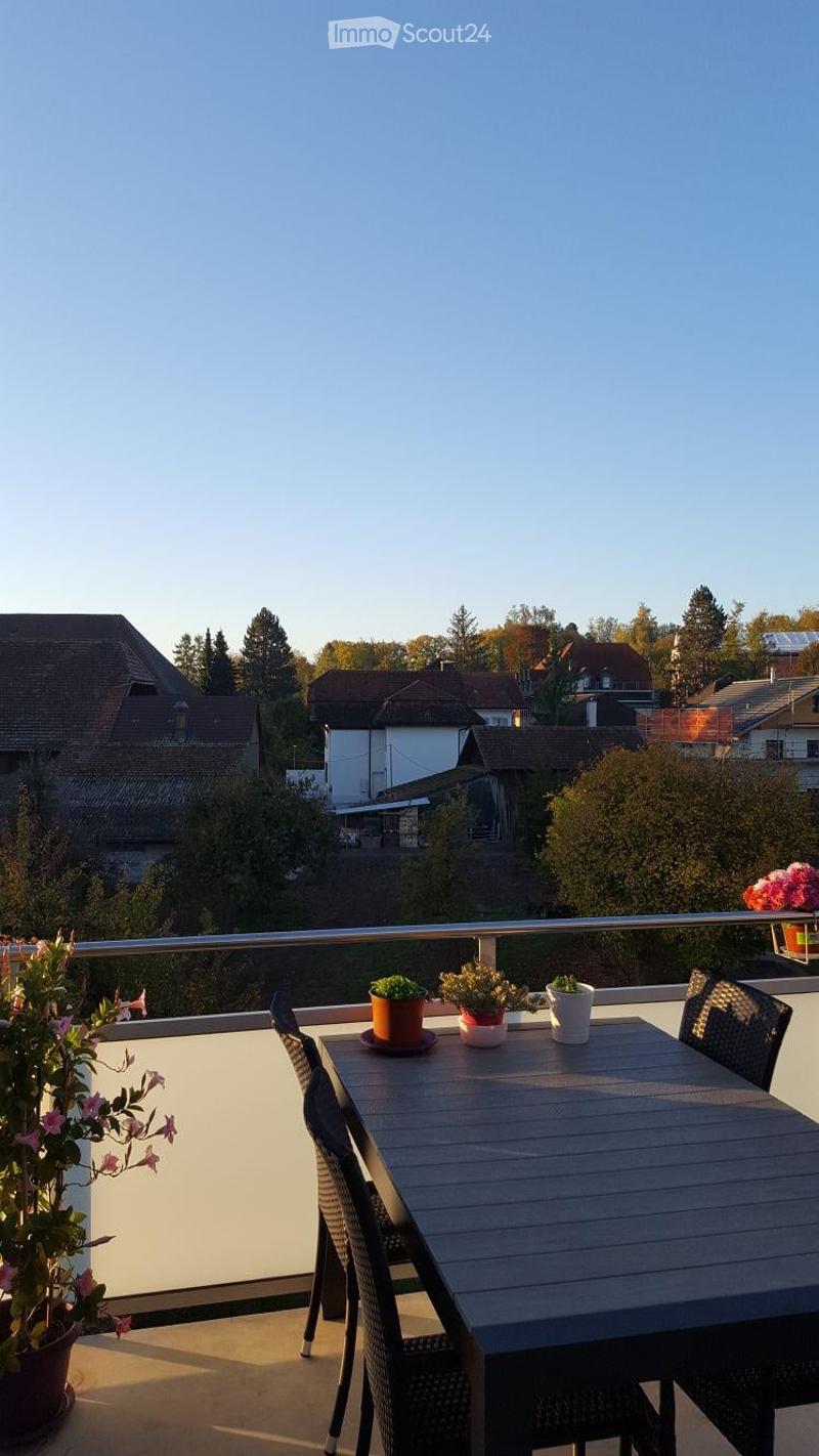 Balcony with a wooden table, chairs, and potted plants, overlooking a residential area with houses and trees.